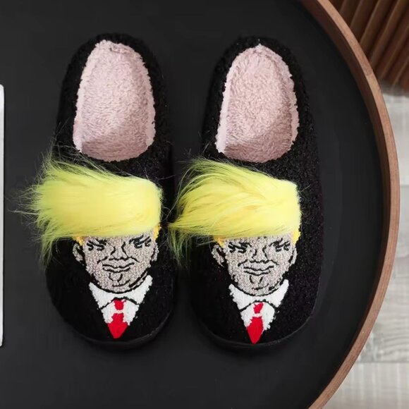 Funny Gift Trump Wig Plush Slippers Indoor Outdoor US Size 9-10 Men's - Picture 3 of 5